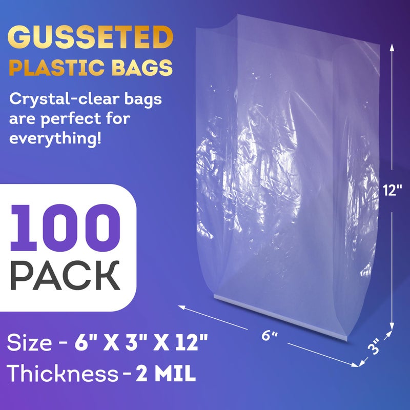 APQ Supply APQ Clear Gusseted Poly Bags, 6 x 3 x 12 Inches. Pack of 100 Waterproof Side Gusseted Plastic Bags with Open Top. 2 Mil Thick Flat Bottom Clear Bag for Packaging Popcorn, Cookies, Bread - Image 2